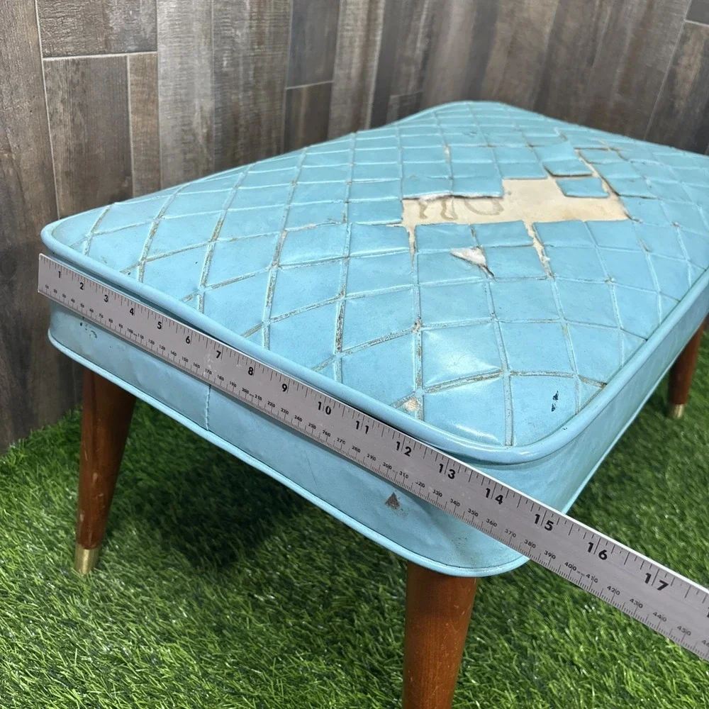 Vintage MCM Vinyl Bench Ottoman Blue Diamond Tufted Needs Repair